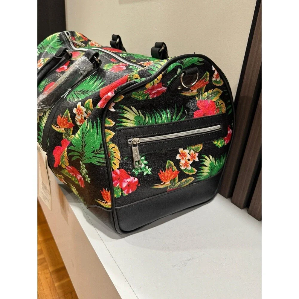 Bebe Floral Duffle Bag 22 x 9 Inch Tropical Print On Black Detachable Strap